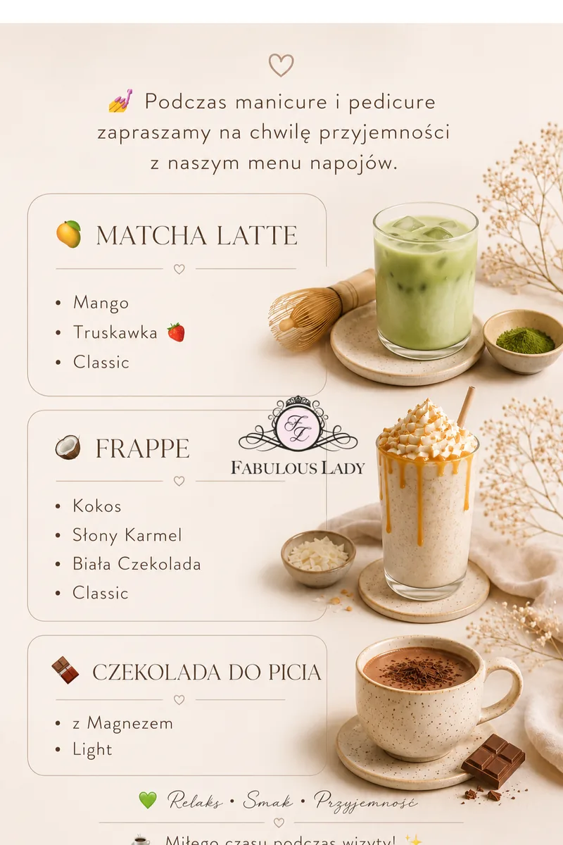 Menu napojów w salonie Fabulous Lady
